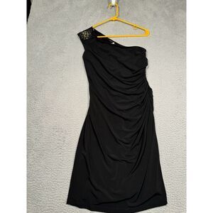 Eliza J Dress Size 8 Black One Shoulder‎ Midi Fitted Scrunched Side Jeweled